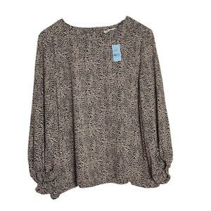 Ann Taylor LOFT Women's Animal Print Billow Sleeve Blouse Top Black Tan Size L